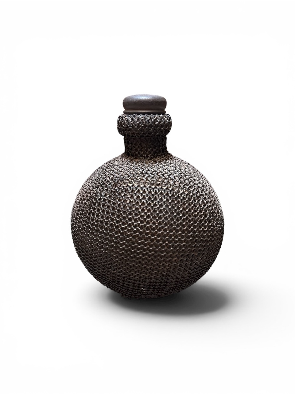 Vintage Large Brutalist Black Metal Chainmail Wrapped Vase Bottle with Stopper - Picture 1 of 8
